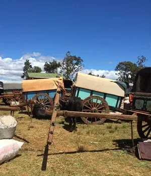 Ancienne charrette colorée sous un ciel bleu en plein air rural