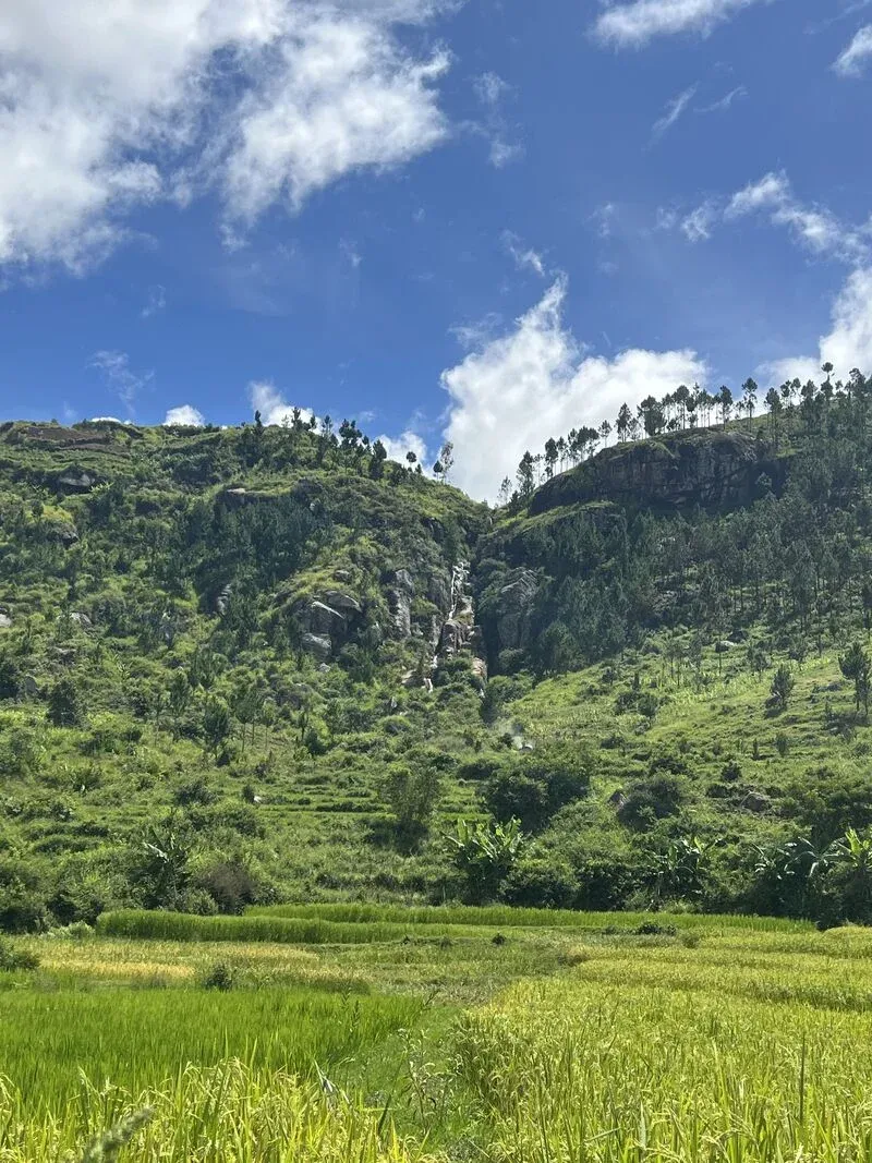 Paysage verdoyant de Madagascar avec rizières en terrasses et montagnes escarpées sous un ciel bleu